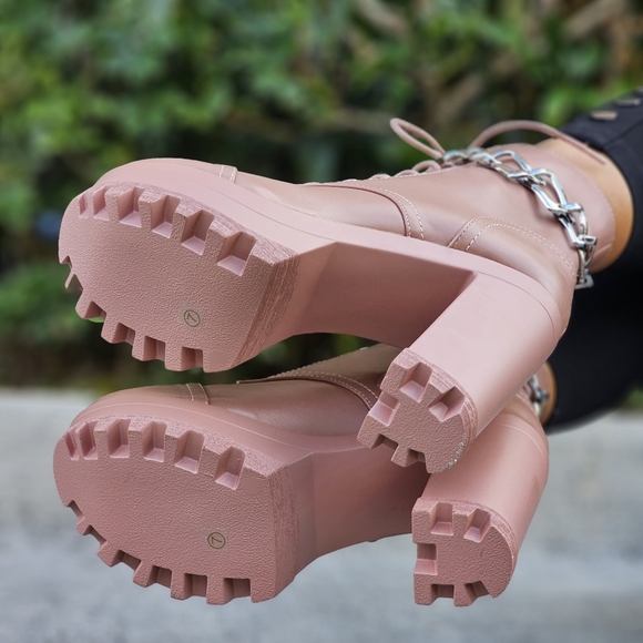 Women's Nude Platform Heel Boots Chunky Ankle Lace Up - Picture 4 of 6